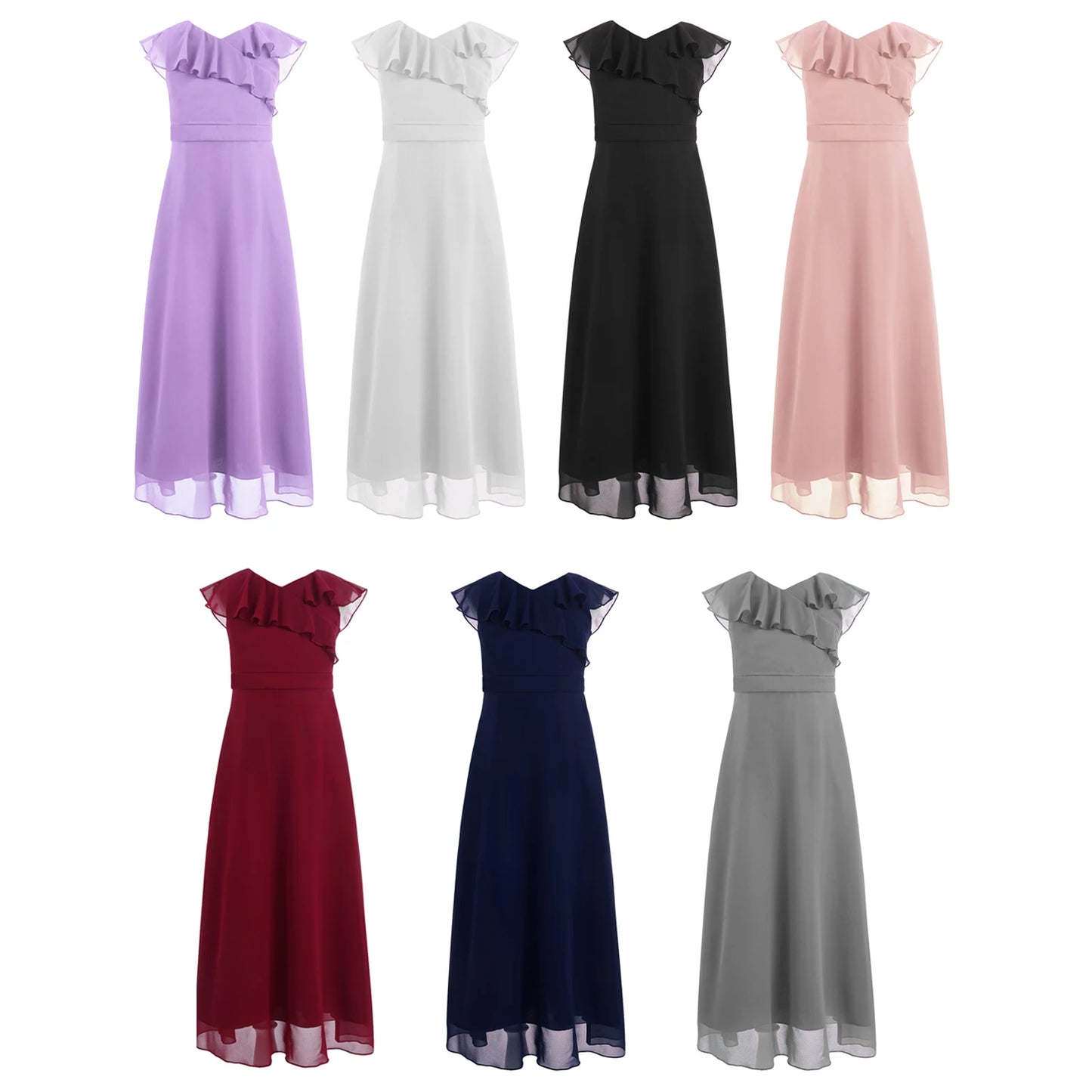 Ruffle Chiffon V Neck Floor Length Dress