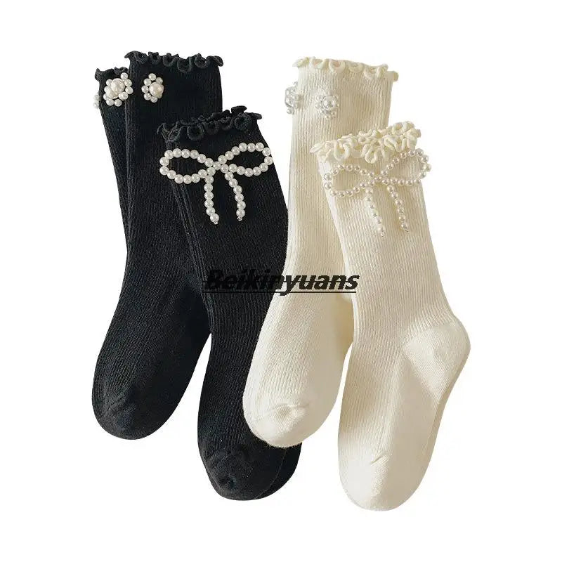 Sweet Bowknot Pearl Knee High Sock