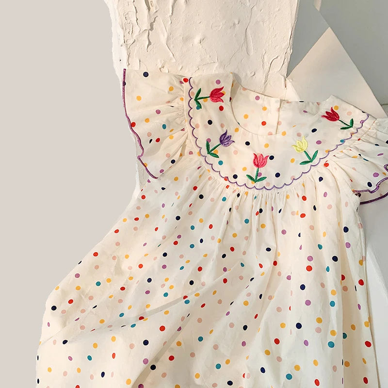 Embroidery Flying Sleeve Polka Dot Dress