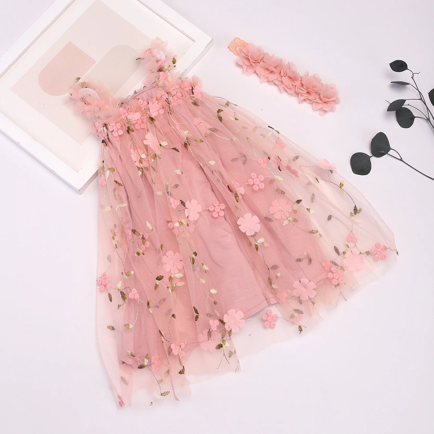 Sleeveless Floral Tulle dress + Headband