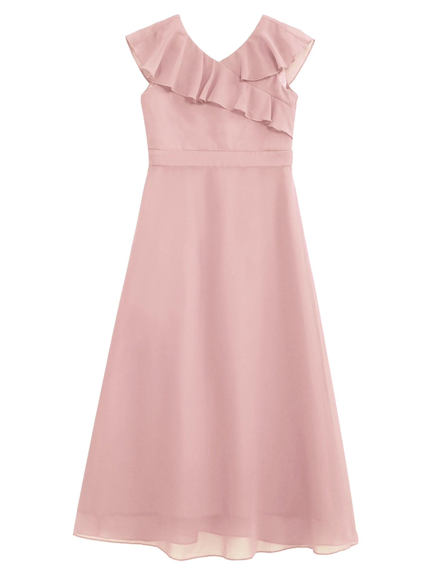 Ruffle Chiffon V Neck Floor Length Dress