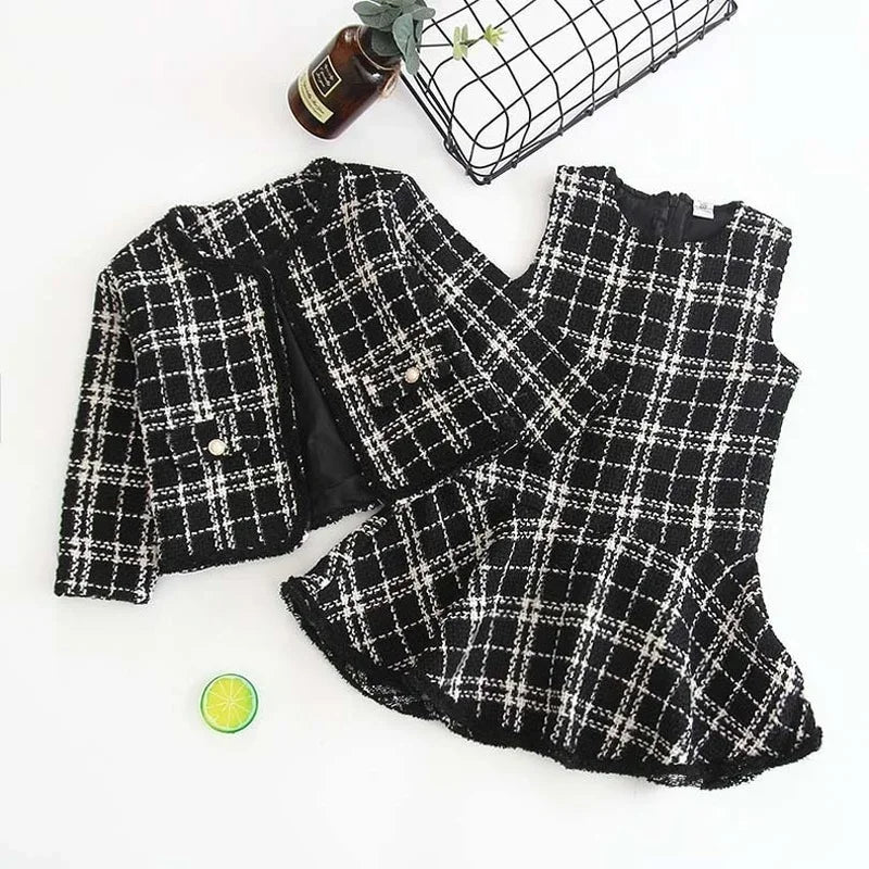 Black and White Plaid Woolen Coat 2PCS