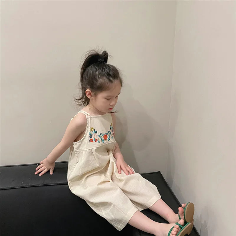 Girls Cotton Beige Strapped Jumpsuit