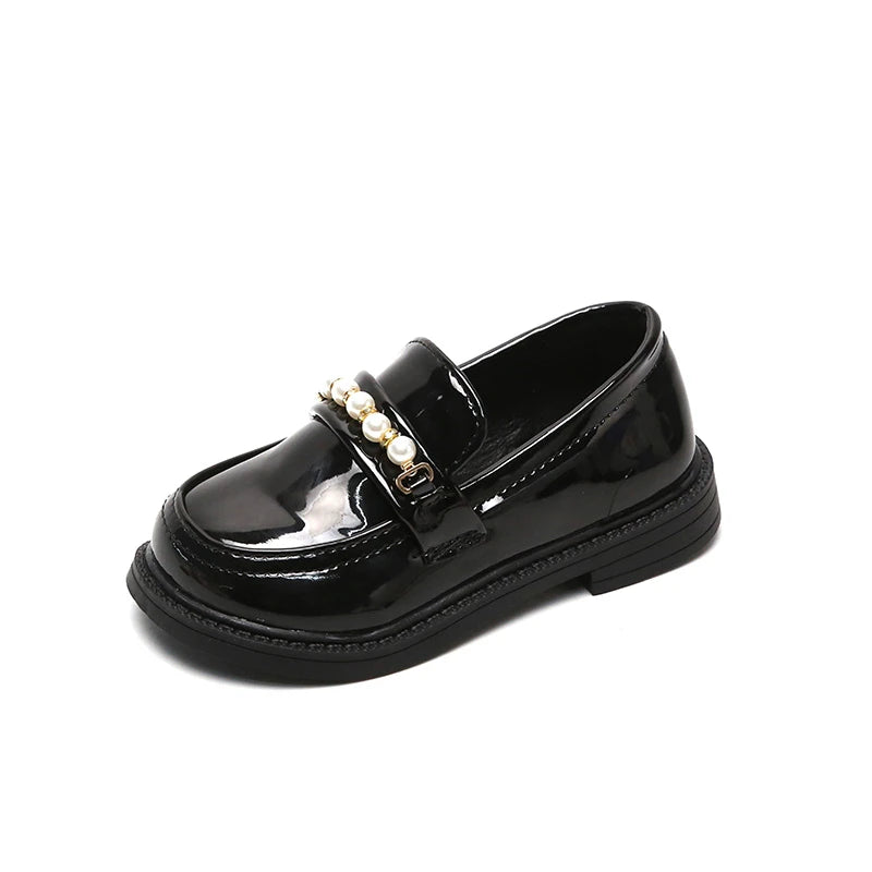 Girls Leather Black Loafers Slip-on Flats