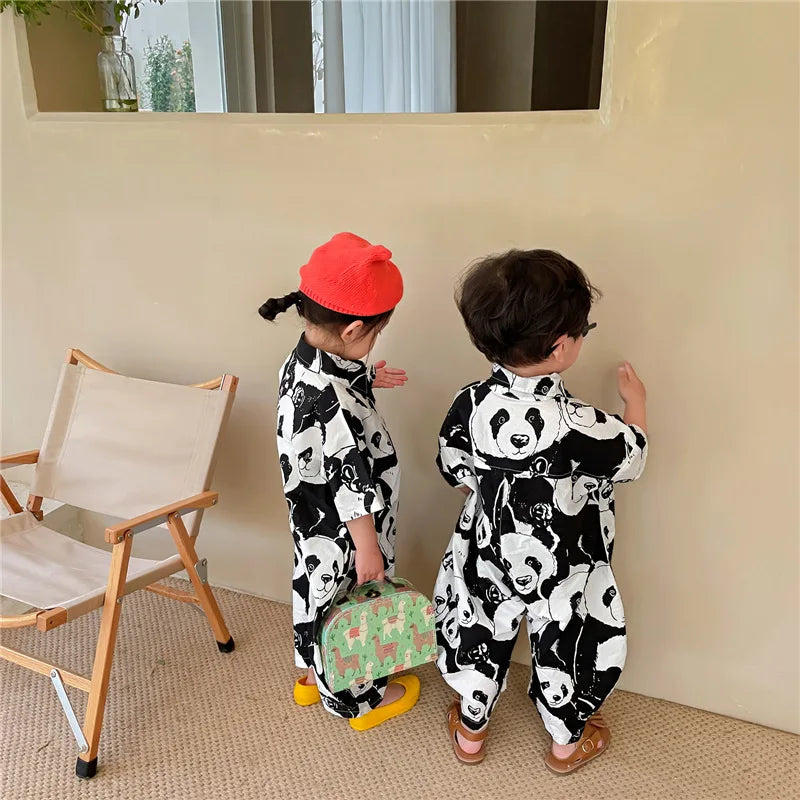 Summer panda print sleeve jumpsuits