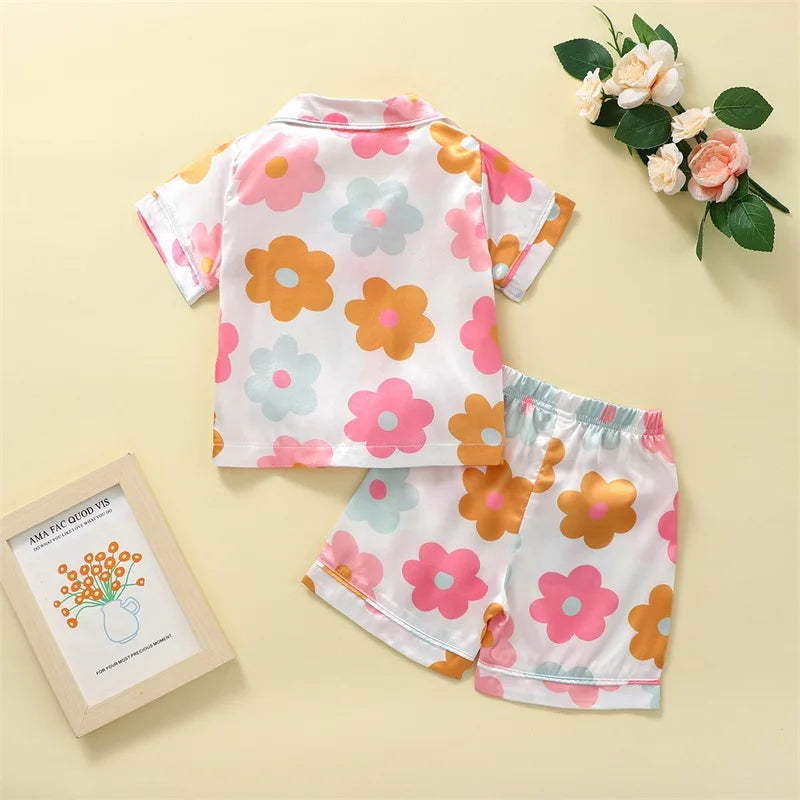 Floral Silk Pajamas  Short Sleeve